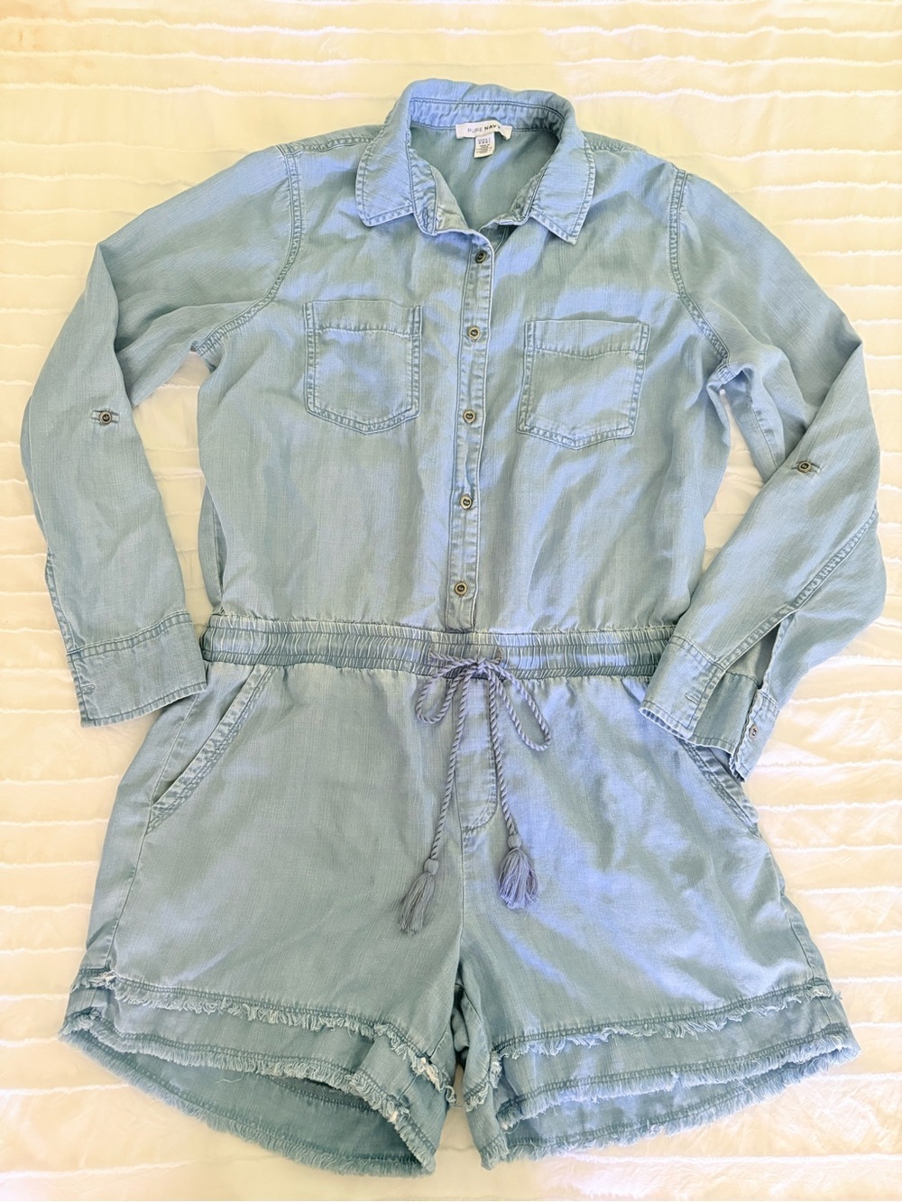 Pure Navy Chambray Denim Romper Long Sleeve Distressed Hem